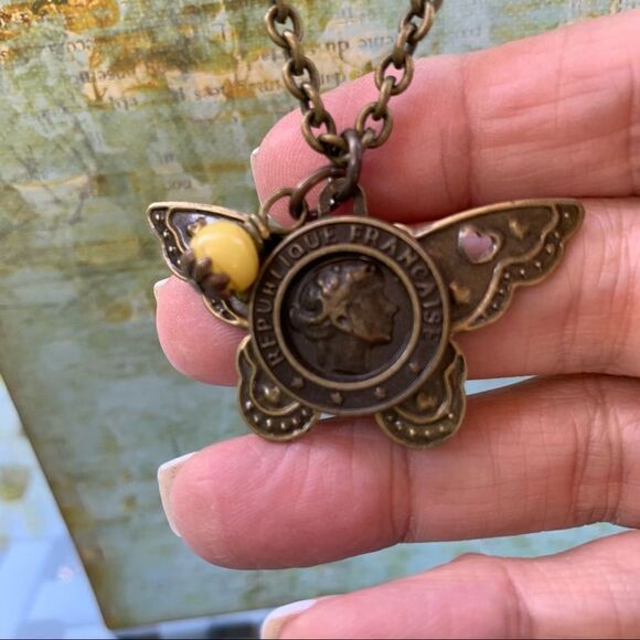 Hand Crafted Steampunk Butterfly Brass Necklace/a Semi Precious Bead - Picture 1 of 7